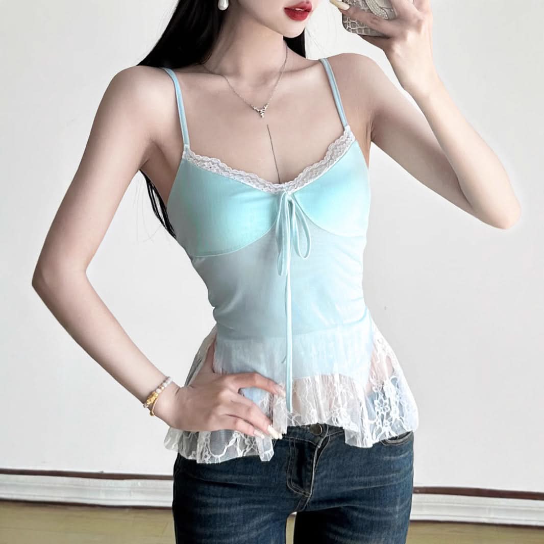 Coquette Dream: Aqua Lace Peplum Cami Top | Self-Tie & Sheer Hem for Fall Style