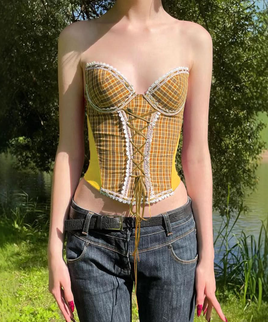 Chic Fall Plaid Lace-Up Corset Top - Y2K Vintage Strapless Bustier for American Women