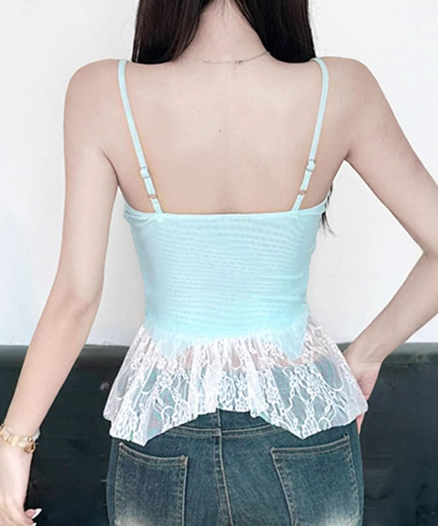 Coquette Dream: Aqua Lace Peplum Cami Top | Self-Tie & Sheer Hem for Fall Style