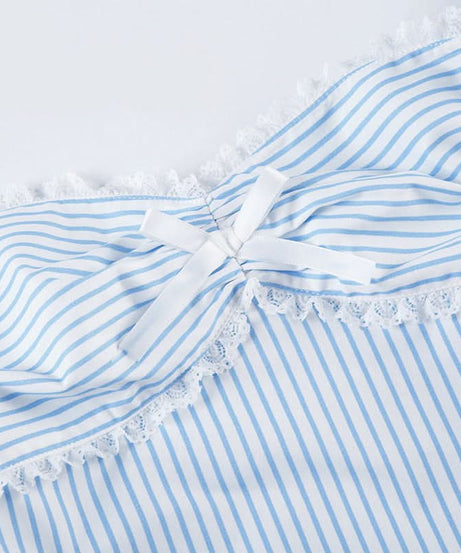 Chic Pinstripe Bow Loungewear Set | Smocked Puff Sleeve Top & Shorts for Cozy Fall Nights