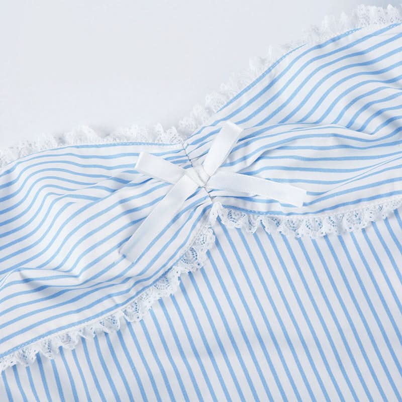 Chic Pinstripe Bow Loungewear Set | Smocked Puff Sleeve Top & Shorts for Cozy Fall Nights