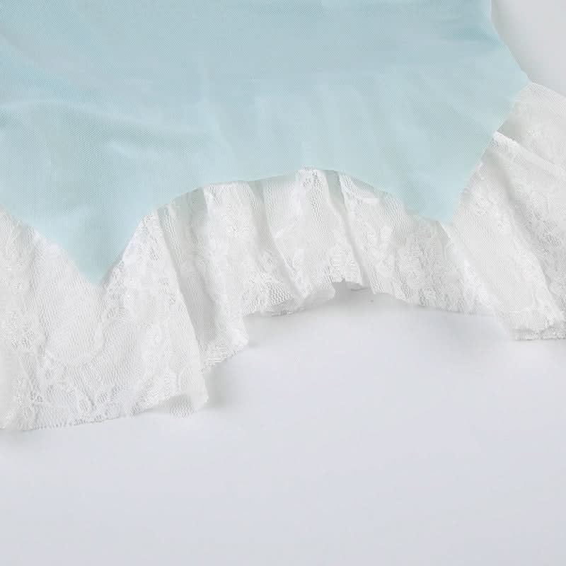 Coquette Dream: Aqua Lace Peplum Cami Top | Self-Tie & Sheer Hem for Fall Style