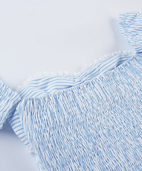 Chic Pinstripe Bow Loungewear Set | Smocked Puff Sleeve Top & Shorts for Cozy Fall Nights