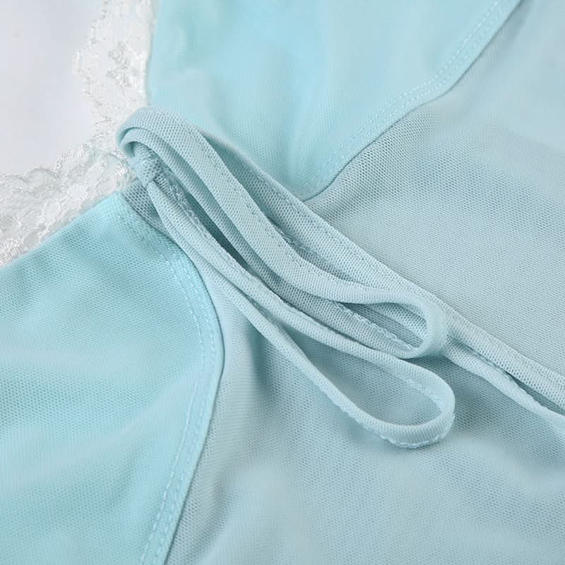 Coquette Dream: Aqua Lace Peplum Cami Top | Self-Tie & Sheer Hem for Fall Style