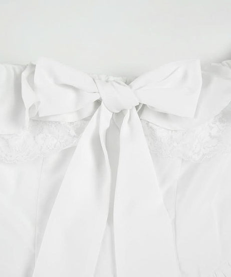 Autumn Romance: Chic Off-Shoulder Bow Mini Dress with Delicate Lace Hem