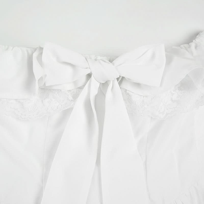 Autumn Romance: Chic Off-Shoulder Bow Mini Dress with Delicate Lace Hem