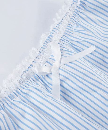 Chic Pinstripe Bow Loungewear Set | Smocked Puff Sleeve Top & Shorts for Cozy Fall Nights