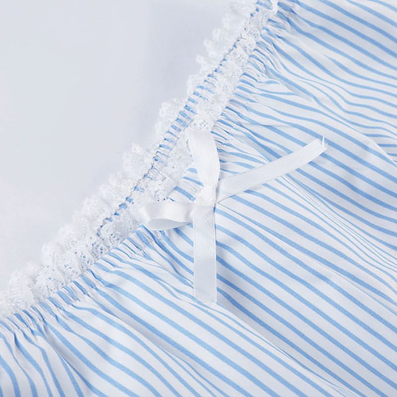 Chic Pinstripe Bow Loungewear Set | Smocked Puff Sleeve Top & Shorts for Cozy Fall Nights