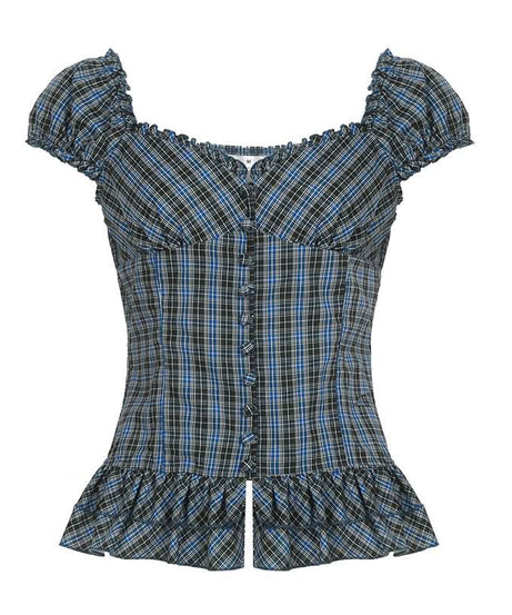 Fall Fashion Essential: Chic Blue Plaid Ruched Peplum Top with Ruffle Sleeves