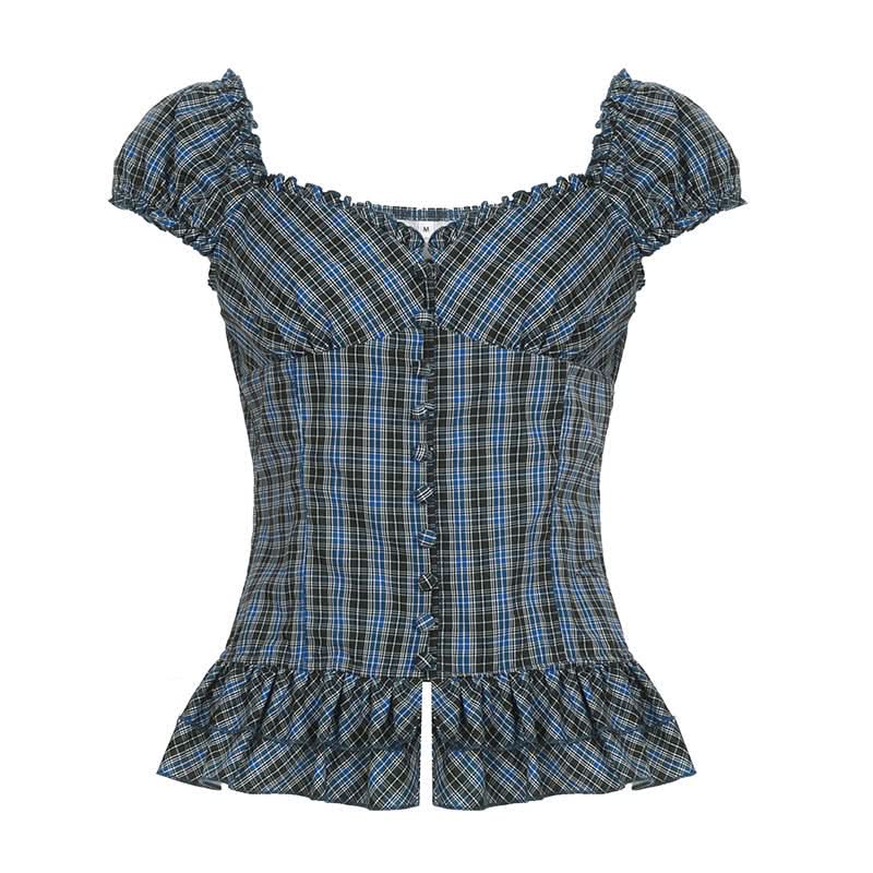 Fall Fashion Essential: Chic Blue Plaid Ruched Peplum Top with Ruffle Sleeves