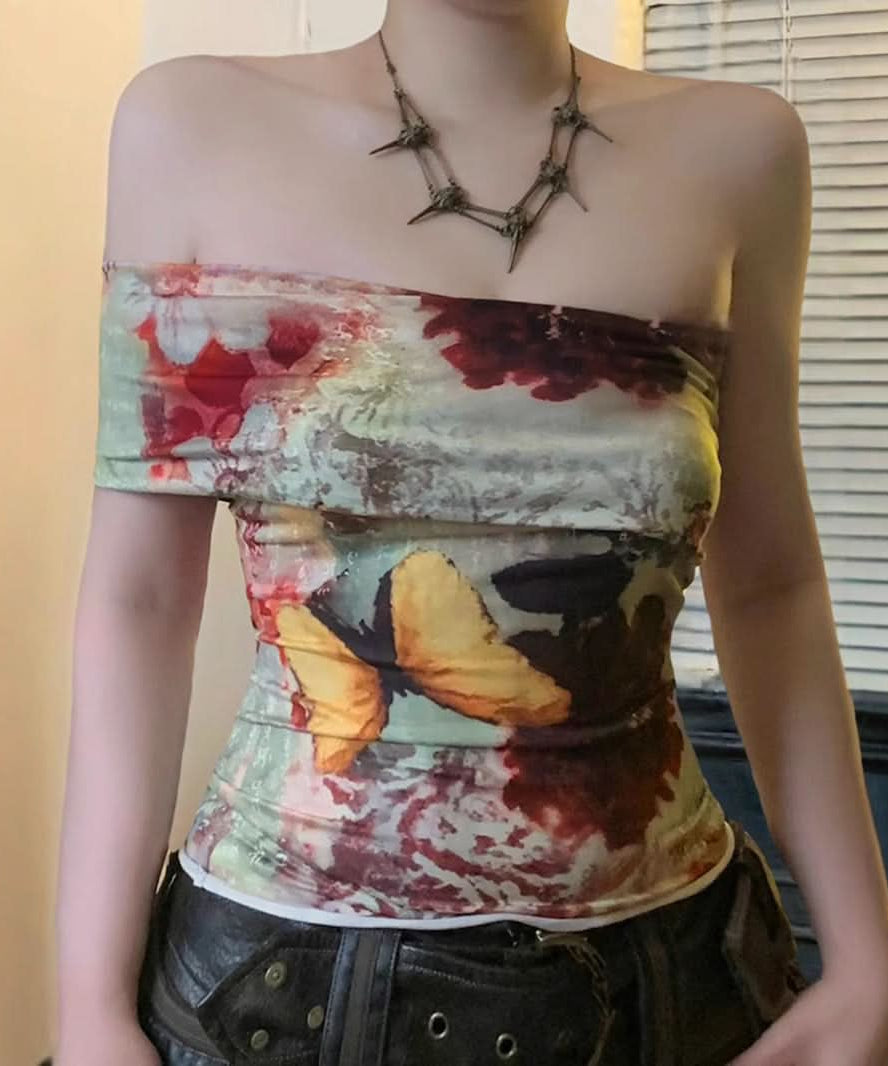 Vibrant Butterfly Art Strapless Tube Top - Chic Fall Statement Piece
