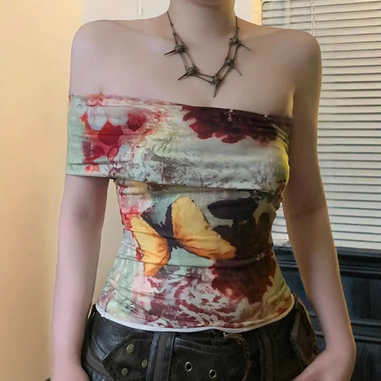 Vibrant Butterfly Art Strapless Tube Top - Chic Fall Statement Piece