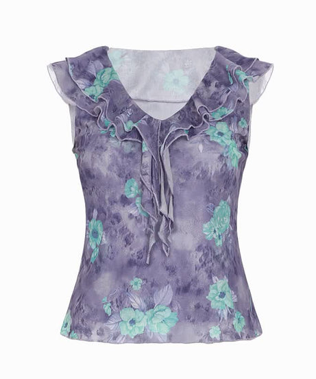 Autumn Bloom Ruffle V-Neck Top - Chic Floral Blouse for Effortless Fall Style
