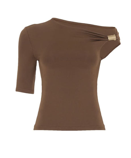 Chic Fall Asymmetrical Top: One-Shoulder Ruched Design with Luxe Gold Buckle - Mocha Brown