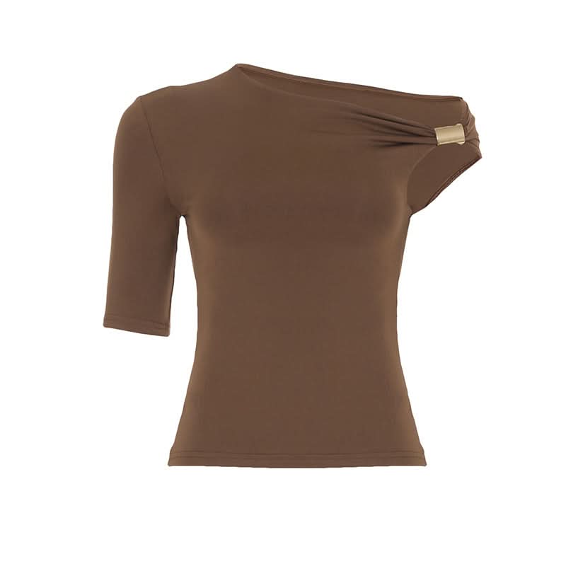 Chic Fall Asymmetrical Top: One-Shoulder Ruched Design with Luxe Gold Buckle - Mocha Brown