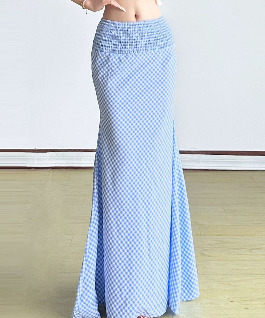 Effortless Chic: Blue Gingham Smocked Mermaid Maxi Skirt - Your Perfect Transitional & Resort Piece
