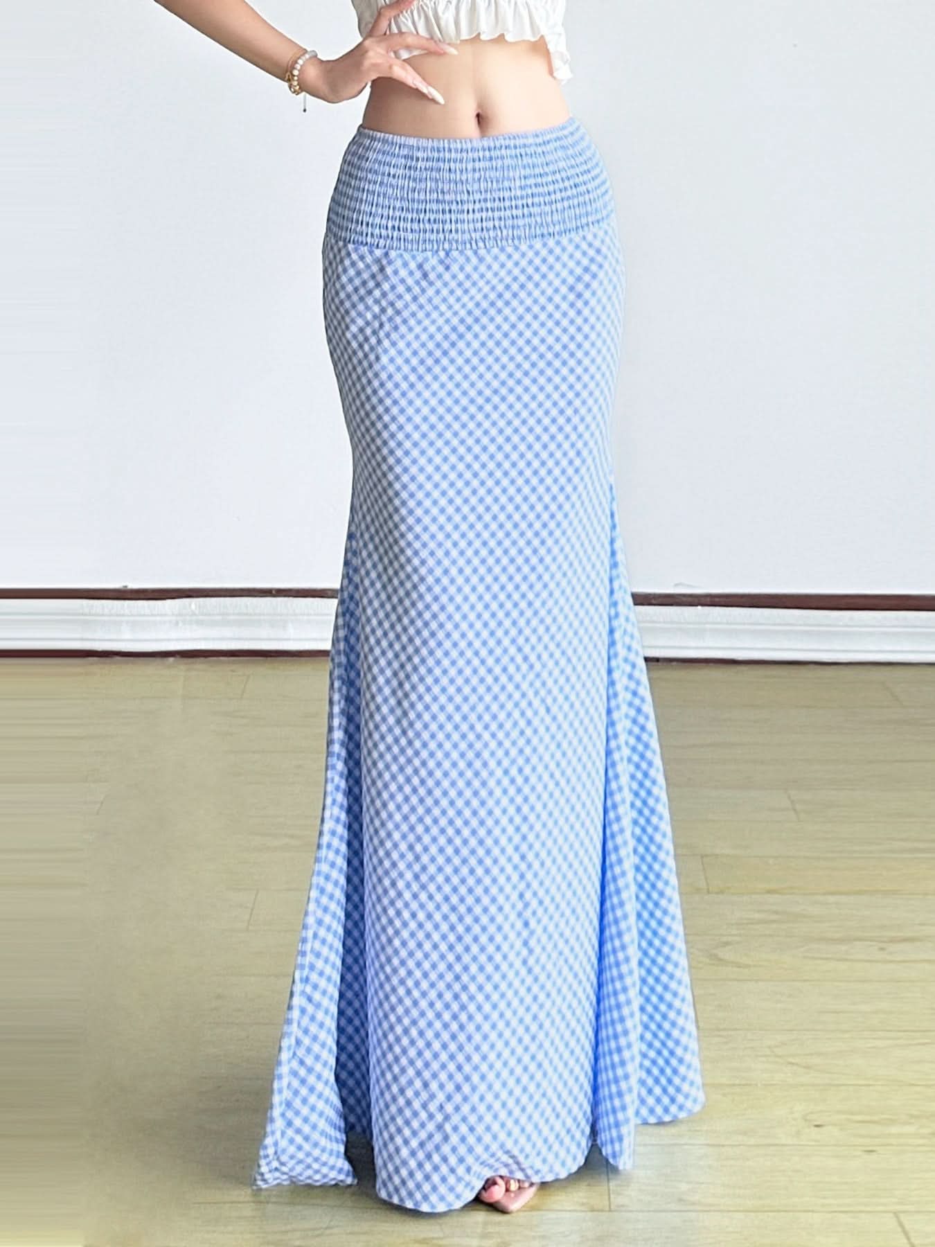 Effortless Chic: Blue Gingham Smocked Mermaid Maxi Skirt - Your Perfect Transitional & Resort Piece