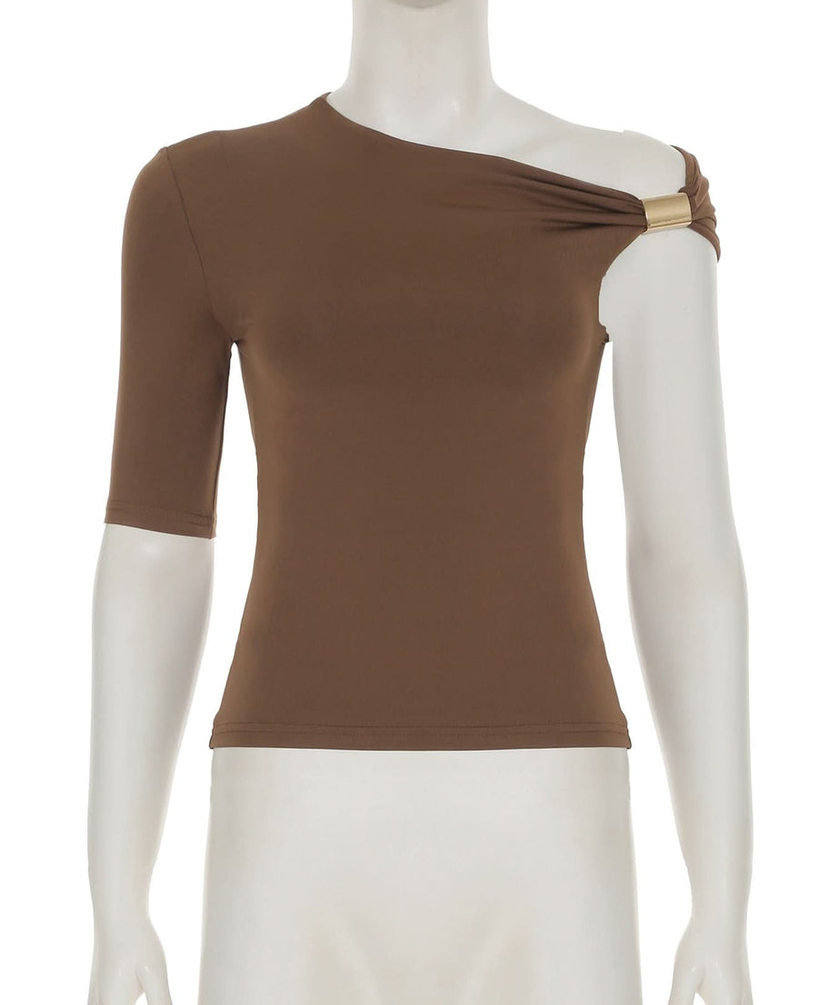 Chic Fall Asymmetrical Top: One-Shoulder Ruched Design with Luxe Gold Buckle - Mocha Brown