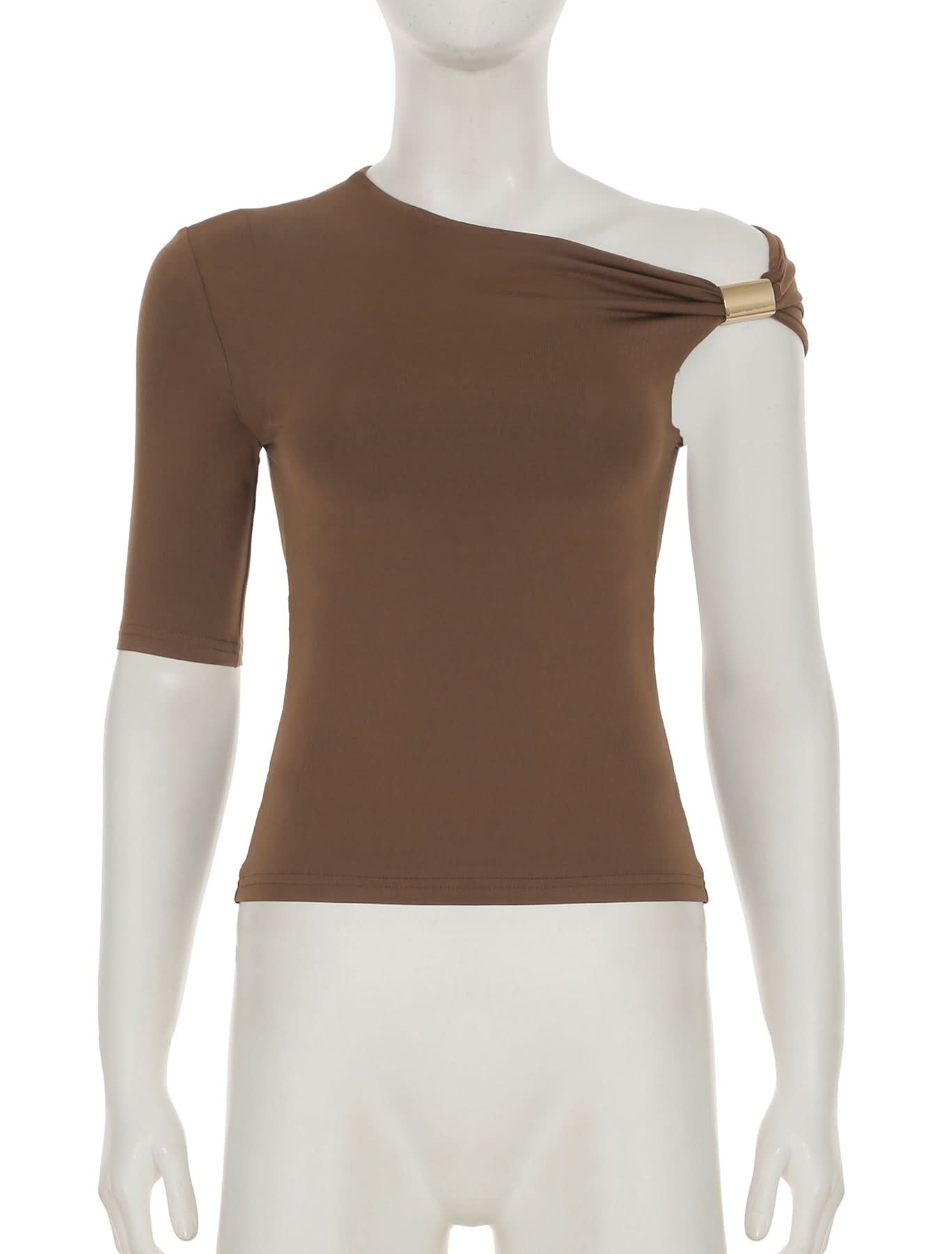 Chic Fall Asymmetrical Top: One-Shoulder Ruched Design with Luxe Gold Buckle - Mocha Brown