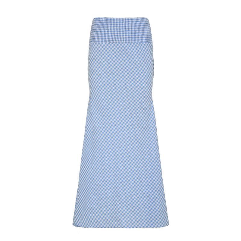 Effortless Chic: Blue Gingham Smocked Mermaid Maxi Skirt - Your Perfect Transitional & Resort Piece