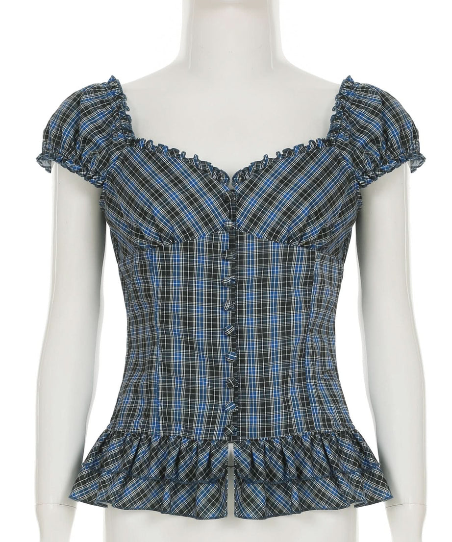Fall Fashion Essential: Chic Blue Plaid Ruched Peplum Top with Ruffle Sleeves