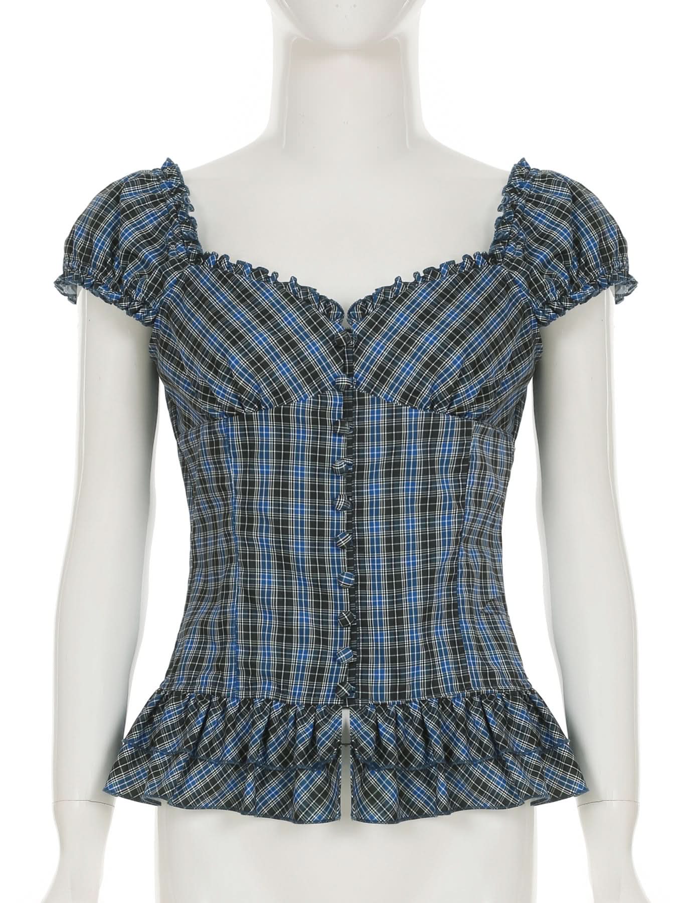 Fall Fashion Essential: Chic Blue Plaid Ruched Peplum Top with Ruffle Sleeves