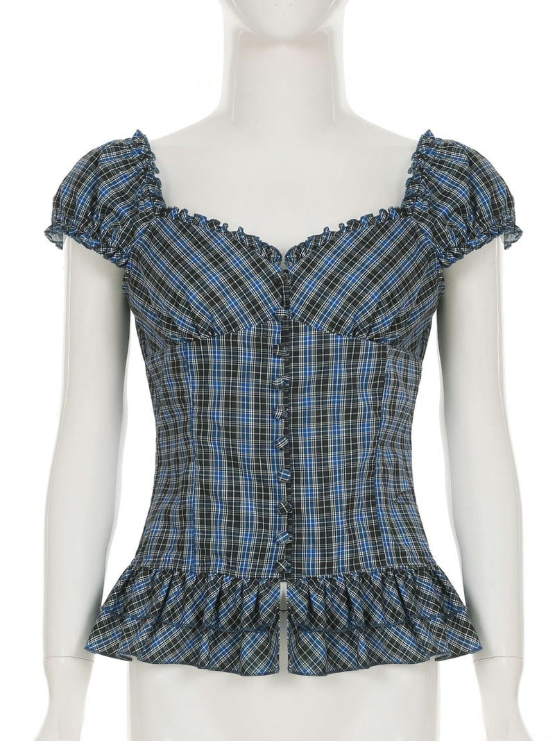 Fall Fashion Essential: Chic Blue Plaid Ruched Peplum Top with Ruffle Sleeves