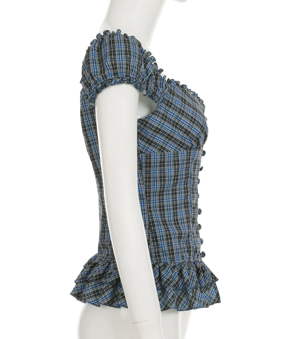 Fall Fashion Essential: Chic Blue Plaid Ruched Peplum Top with Ruffle Sleeves