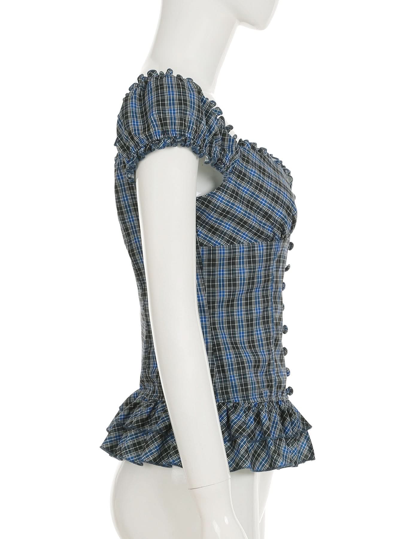 Fall Fashion Essential: Chic Blue Plaid Ruched Peplum Top with Ruffle Sleeves