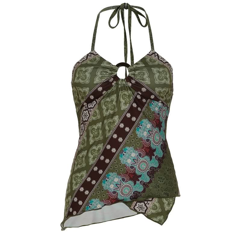 Fall Boho Chic Halter Top with O-Ring Detail - Vintage-Inspired Patterned Statement Piece
