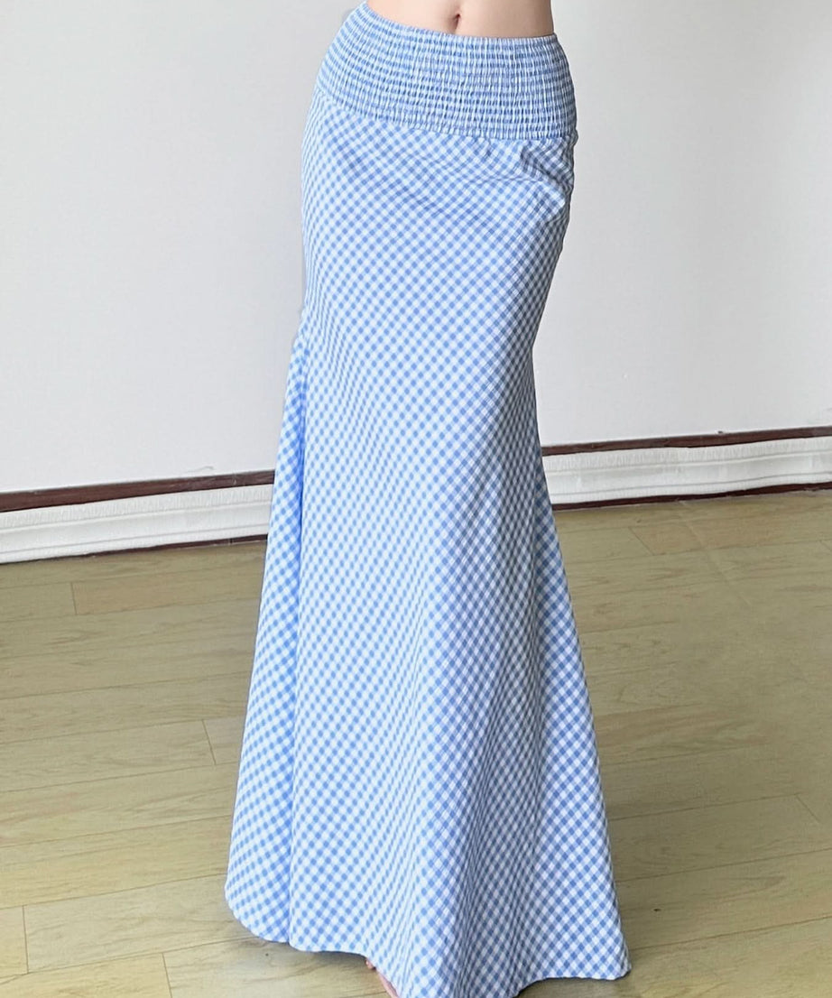 Effortless Chic: Blue Gingham Smocked Mermaid Maxi Skirt - Your Perfect Transitional & Resort Piece
