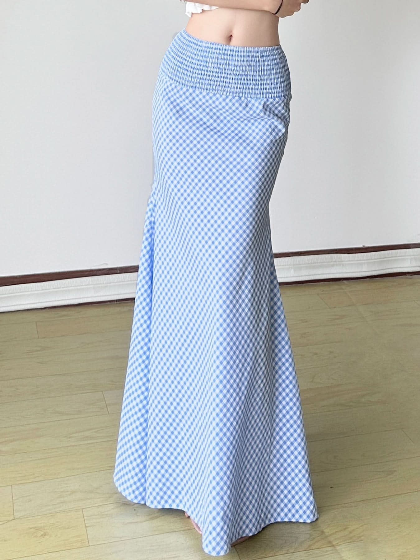 Effortless Chic: Blue Gingham Smocked Mermaid Maxi Skirt - Your Perfect Transitional & Resort Piece
