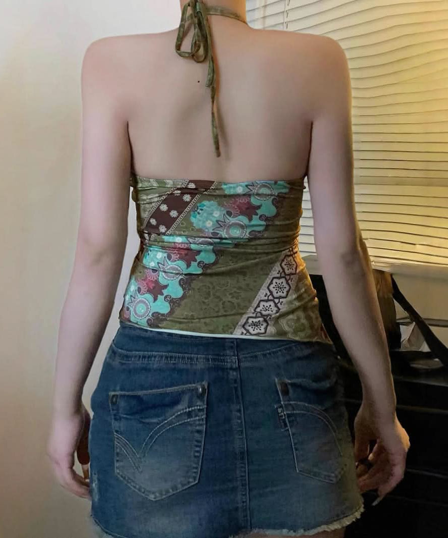 Fall Boho Chic Halter Top with O-Ring Detail - Vintage-Inspired Patterned Statement Piece