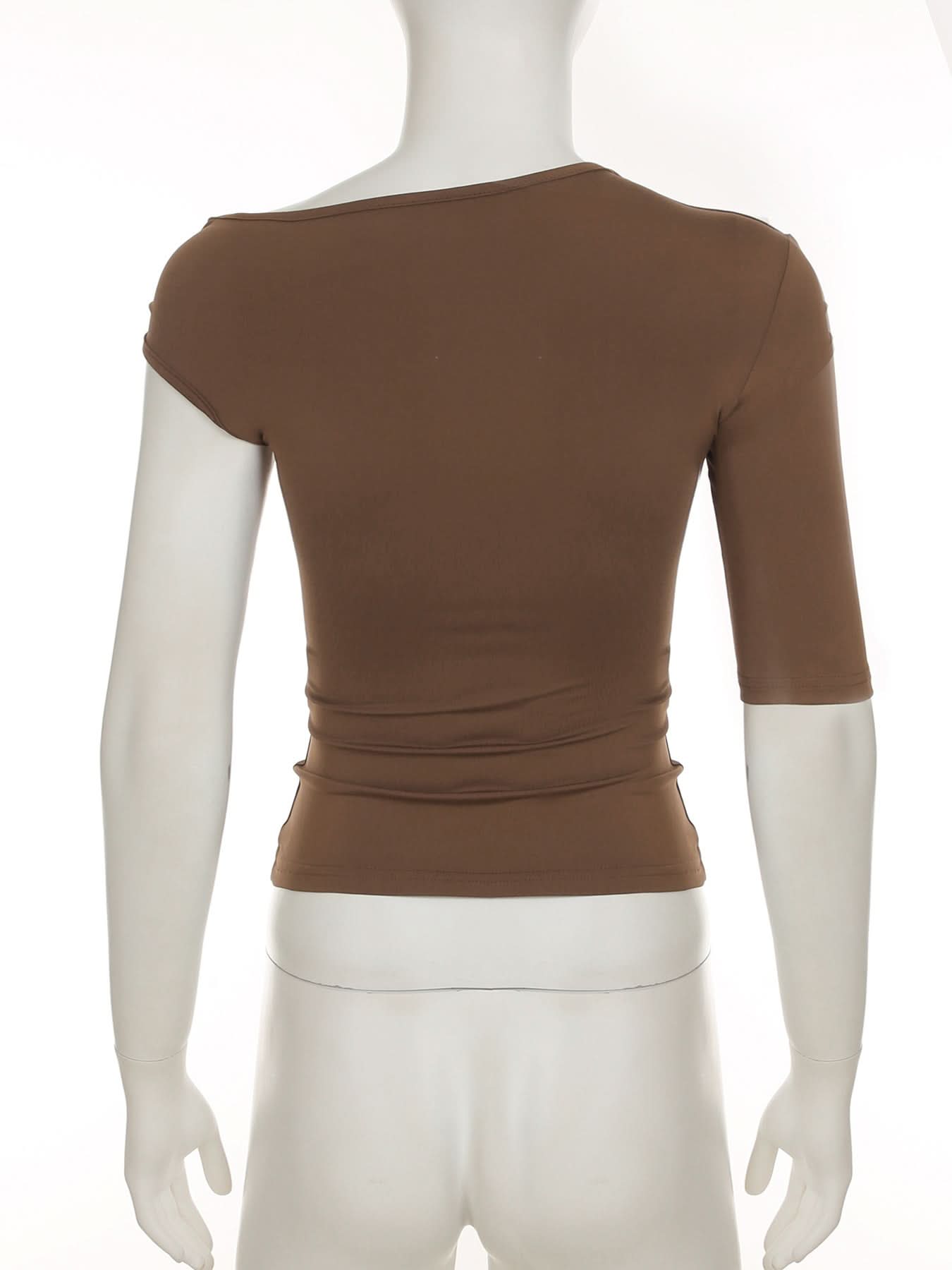 Chic Fall Asymmetrical Top: One-Shoulder Ruched Design with Luxe Gold Buckle - Mocha Brown