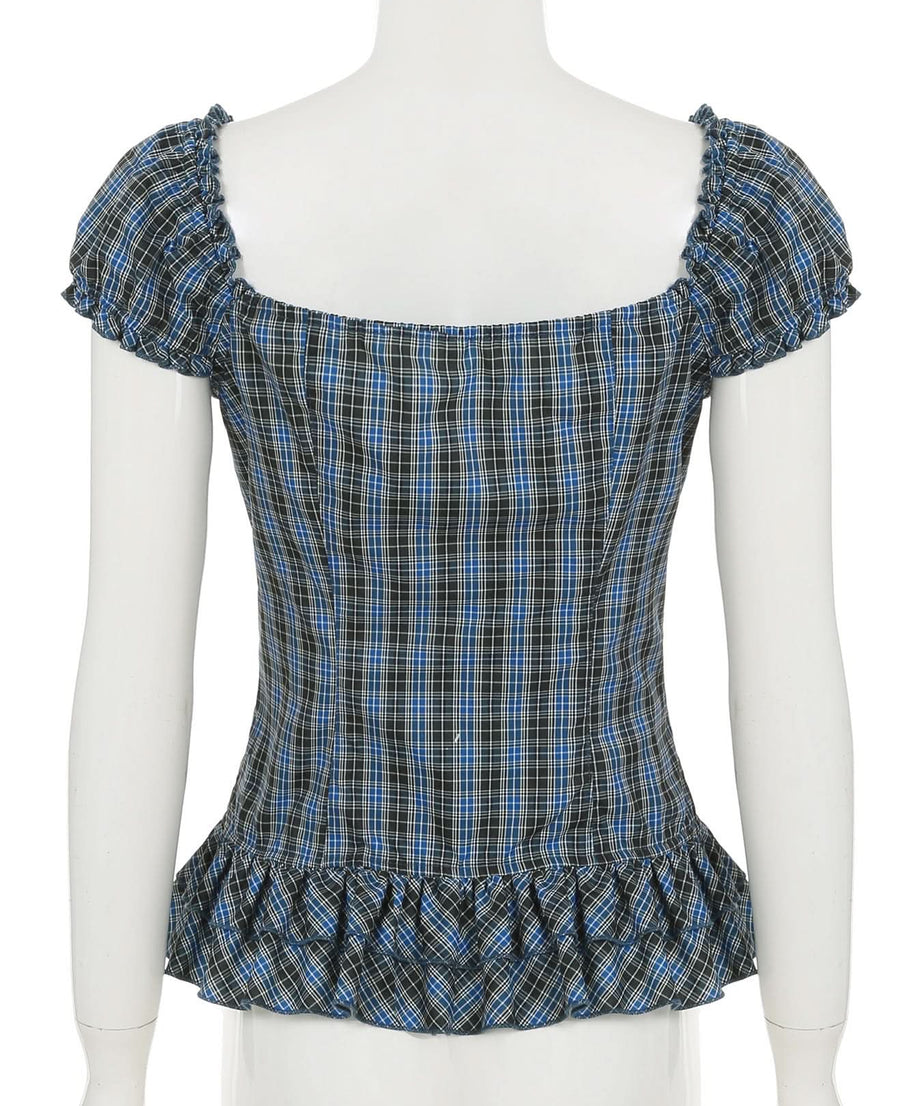Fall Fashion Essential: Chic Blue Plaid Ruched Peplum Top with Ruffle Sleeves