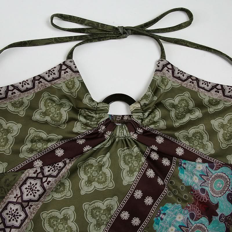 Fall Boho Chic Halter Top with O-Ring Detail - Vintage-Inspired Patterned Statement Piece
