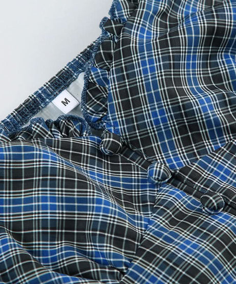 Fall Fashion Essential: Chic Blue Plaid Ruched Peplum Top with Ruffle Sleeves