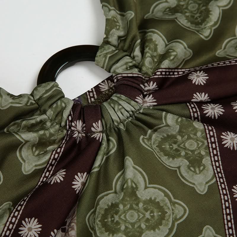 Fall Boho Chic Halter Top with O-Ring Detail - Vintage-Inspired Patterned Statement Piece