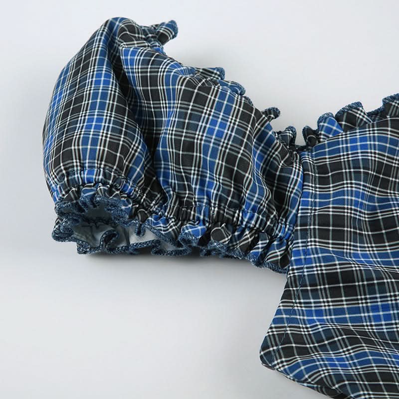 Fall Fashion Essential: Chic Blue Plaid Ruched Peplum Top with Ruffle Sleeves