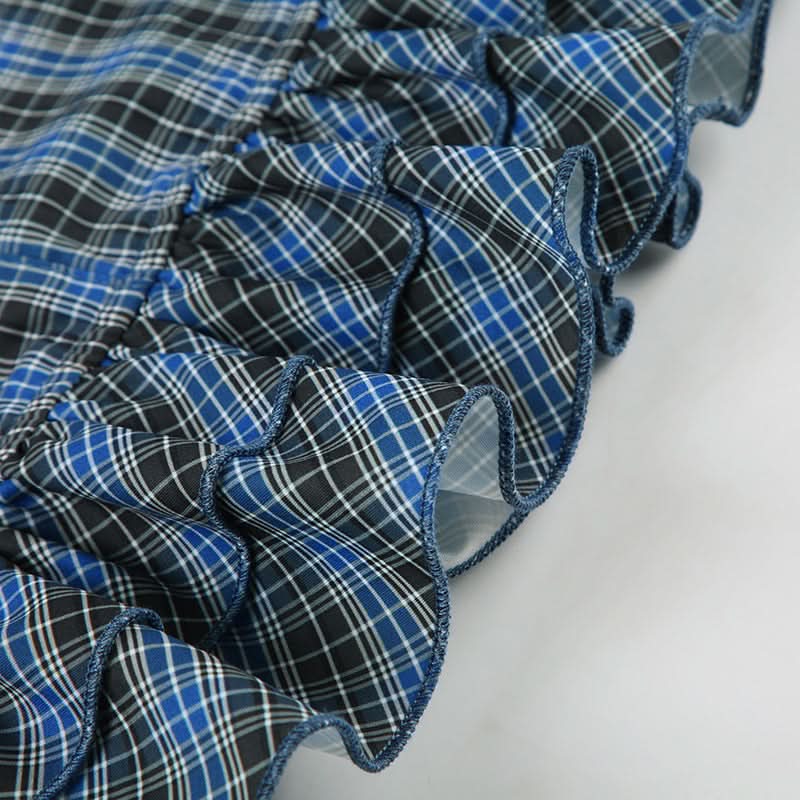 Fall Fashion Essential: Chic Blue Plaid Ruched Peplum Top with Ruffle Sleeves