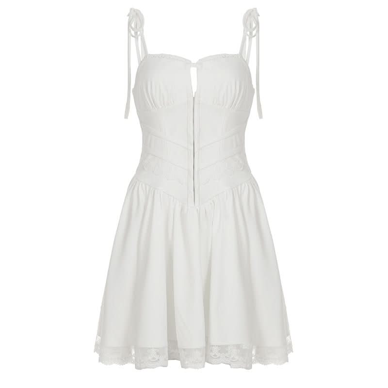 Effortlessly Chic White Lace Mini Dress with Tie Straps - Your Romantic Fall Getaway & Date Night Essential