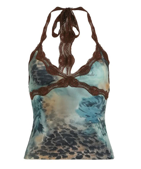 Y2K Fall Flair: Abstract Print Lace Halter Top | Tie-Neck V-Neck Camisole