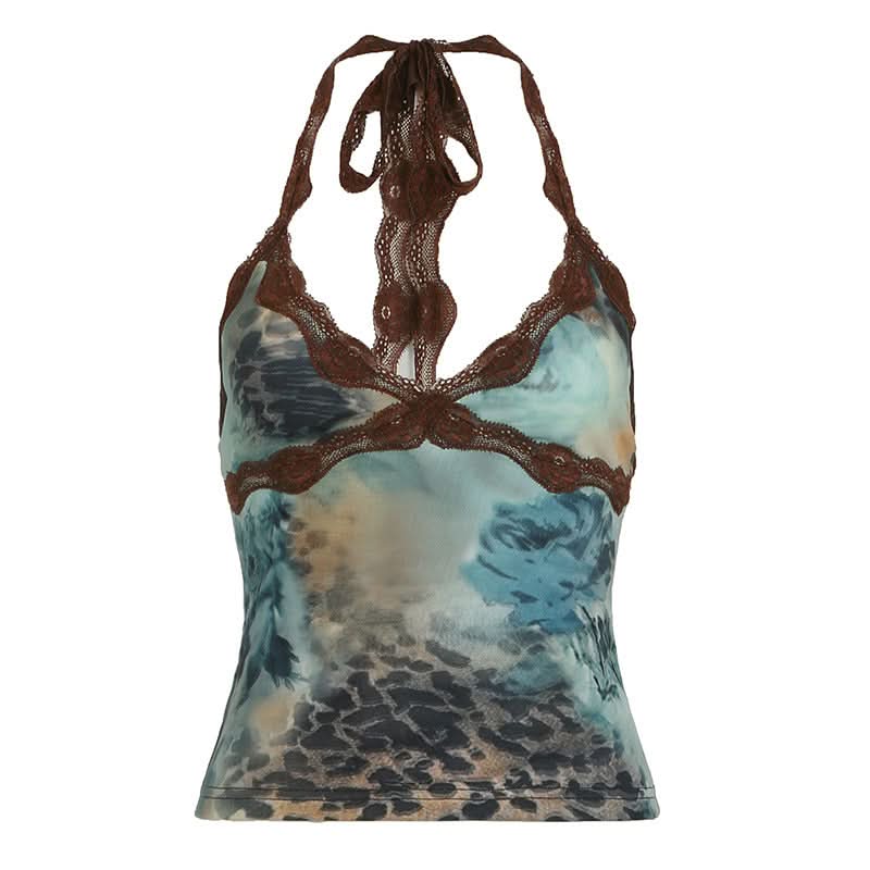 Y2K Fall Flair: Abstract Print Lace Halter Top | Tie-Neck V-Neck Camisole