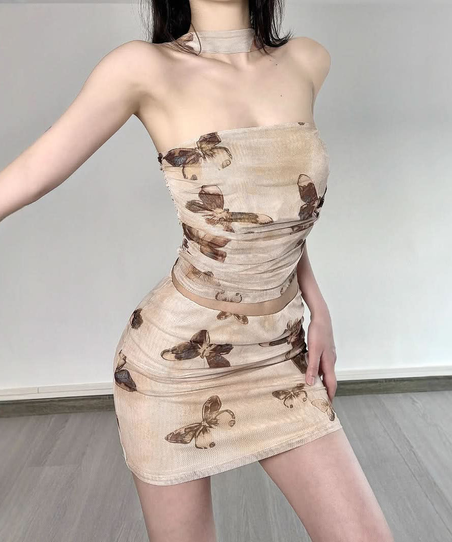 The Butterfly Effect Y2K Mesh Co-ord Set - Ruched Halter Top & Mini Skirt