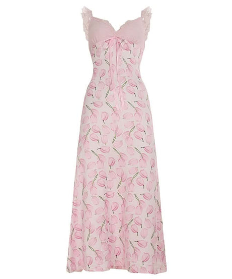Sweetheart Tulip Print Cami Midi Dress with Scalloped Lace Trim - Effortless Transitional Style