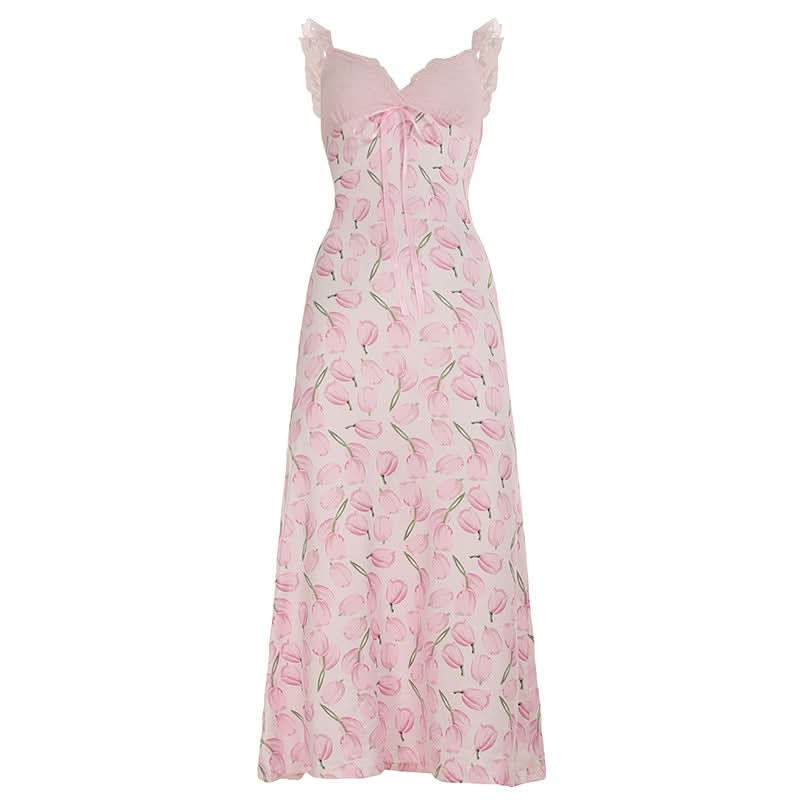 Sweetheart Tulip Print Cami Midi Dress with Scalloped Lace Trim - Effortless Transitional Style