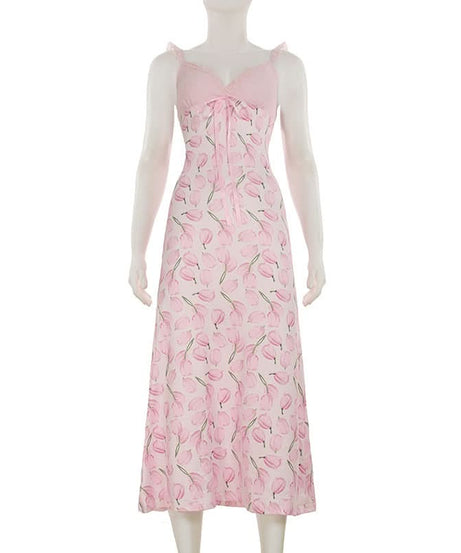 Sweetheart Tulip Print Cami Midi Dress with Scalloped Lace Trim - Effortless Transitional Style