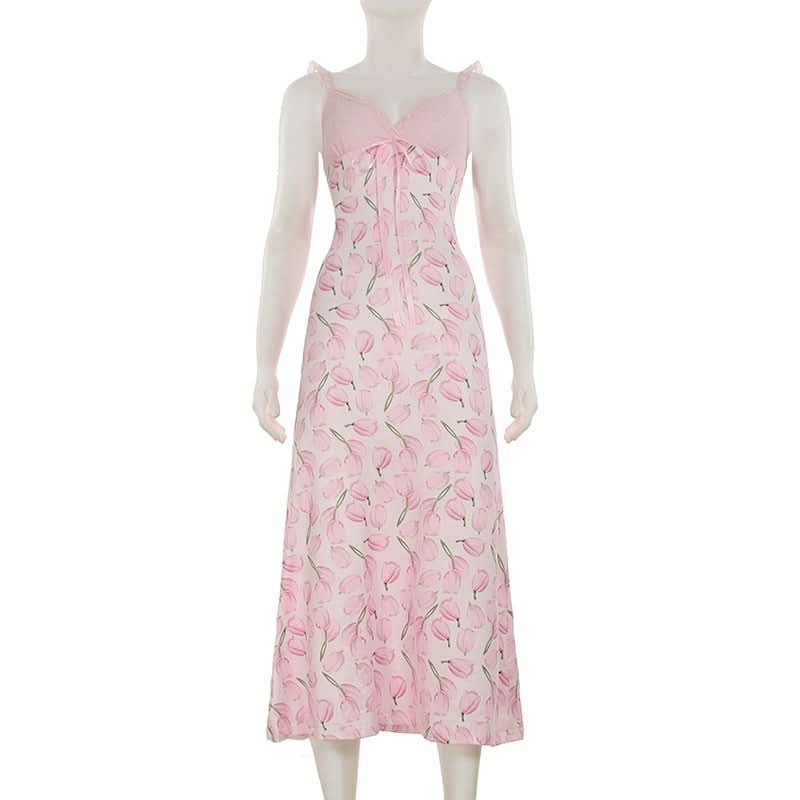 Sweetheart Tulip Print Cami Midi Dress with Scalloped Lace Trim - Effortless Transitional Style