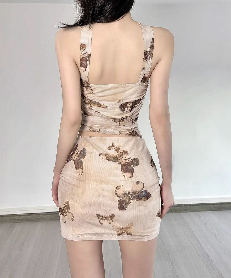 The Butterfly Effect Y2K Mesh Co-ord Set - Ruched Halter Top & Mini Skirt