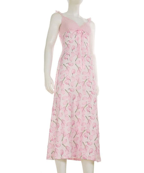 Sweetheart Tulip Print Cami Midi Dress with Scalloped Lace Trim - Effortless Transitional Style